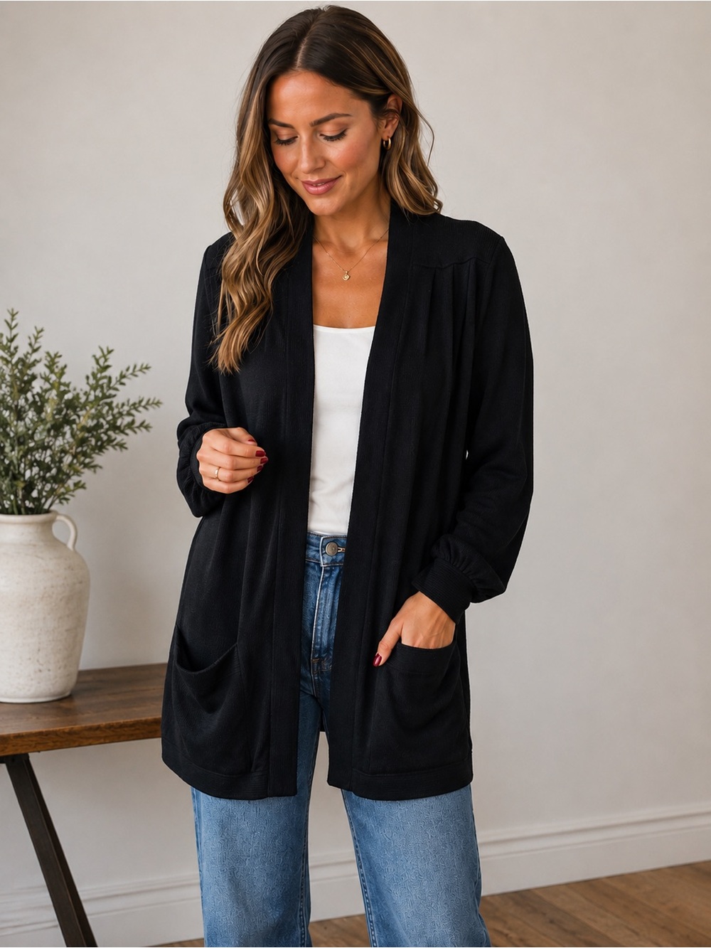 St. John Separates Black Open-Front Cardigan with Pockets